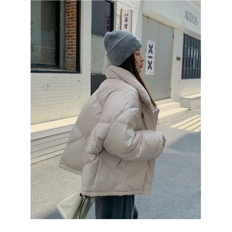 Stand-Up Collar Solid Cropped Loose Fit Puffer Jacket