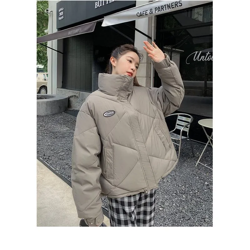 Stand-Up Collar Solid Cropped Loose Fit Puffer Jacket