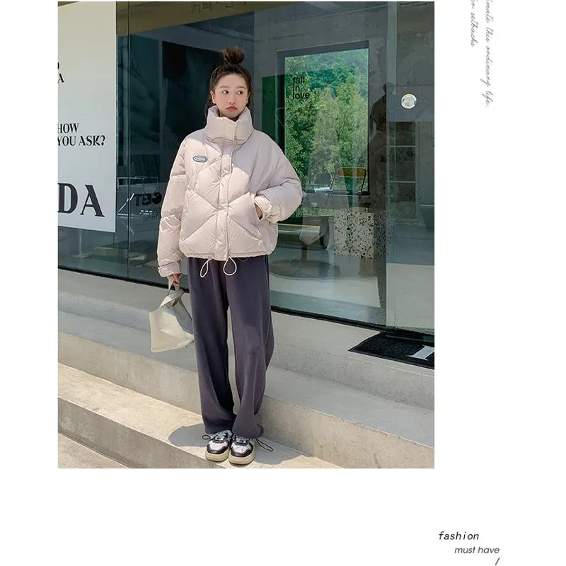 Stand-Up Collar Solid Cropped Loose Fit Puffer Jacket