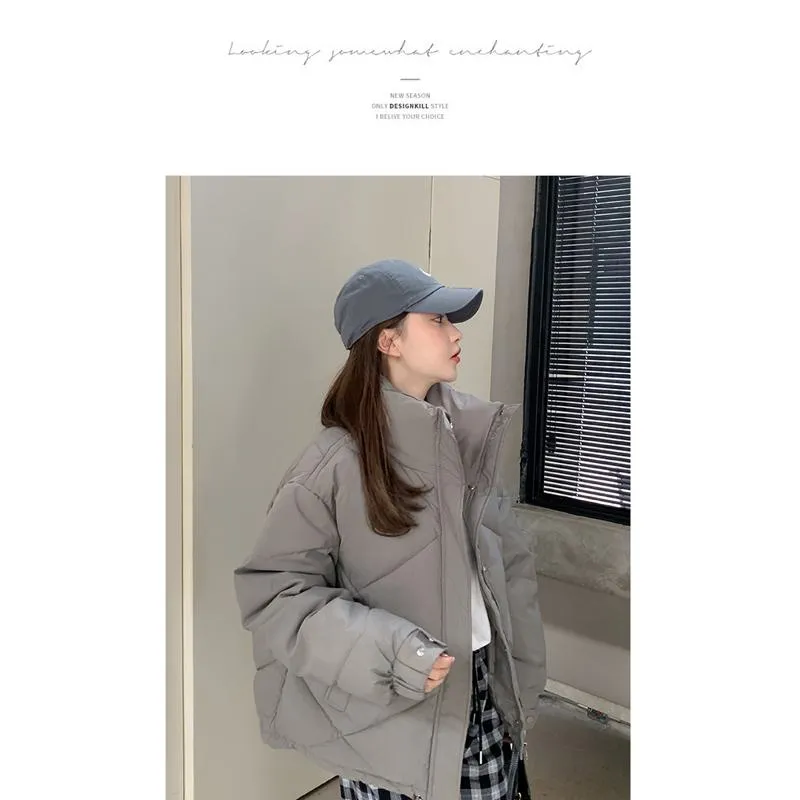 Stand-Up Collar Solid Cropped Loose Fit Puffer Jacket
