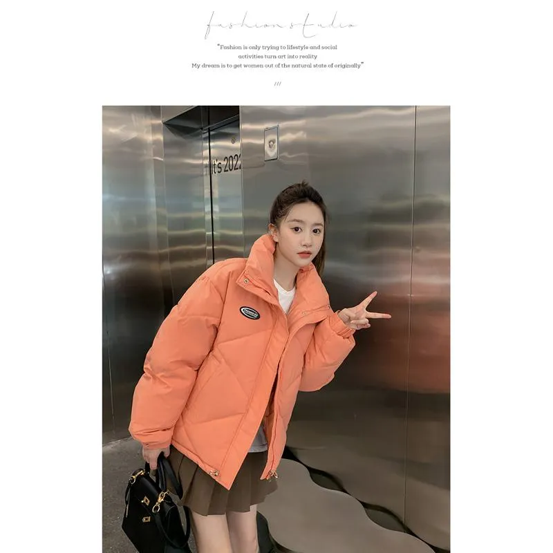 Stand-Up Collar Solid Cropped Loose Fit Puffer Jacket