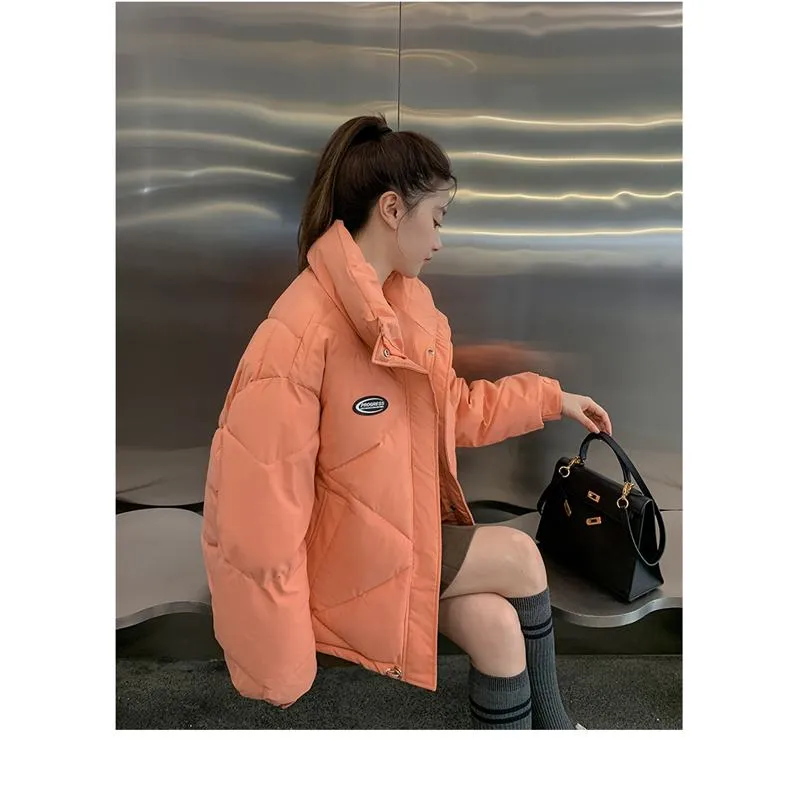 Stand-Up Collar Solid Cropped Loose Fit Puffer Jacket