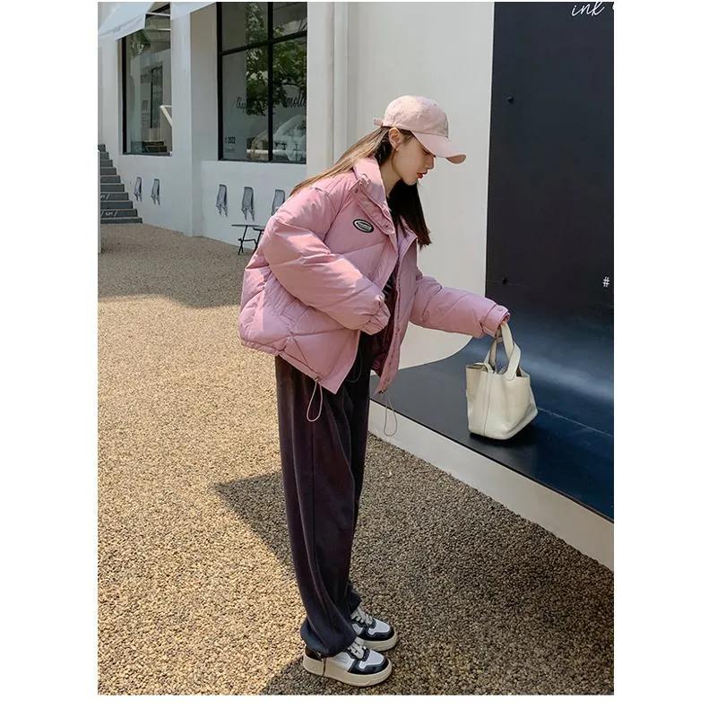 Stand-Up Collar Solid Cropped Loose Fit Puffer Jacket