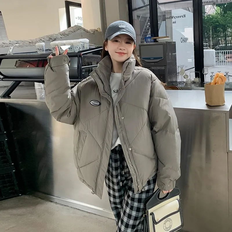 Stand-Up Collar Solid Cropped Loose Fit Puffer Jacket