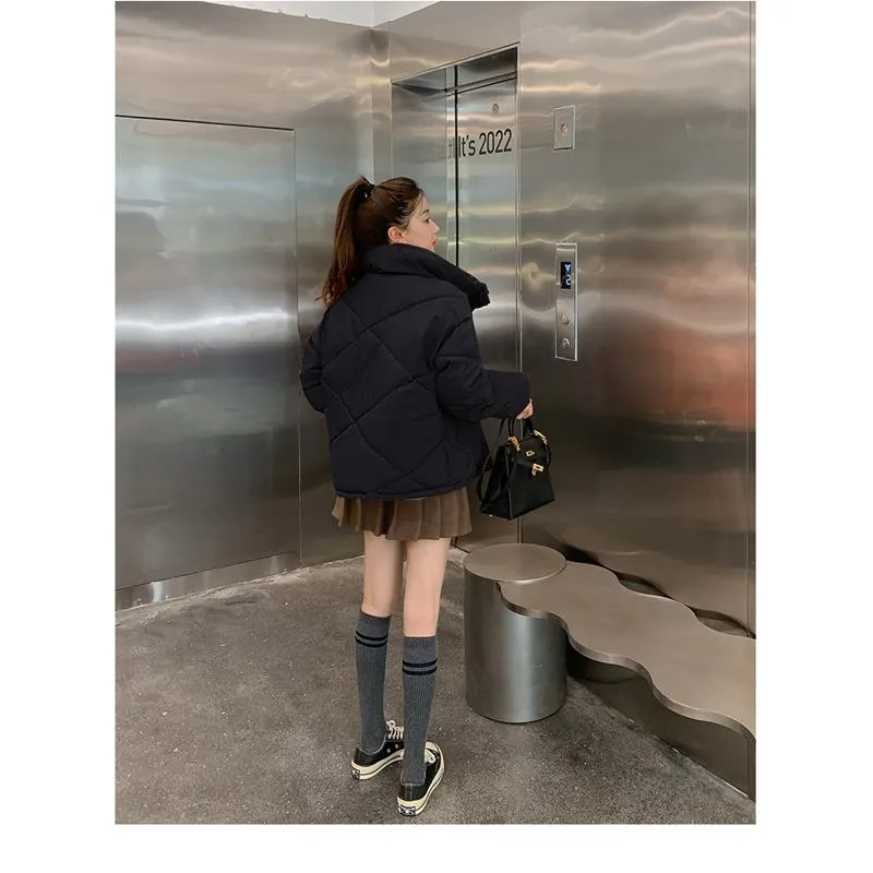 Stand-Up Collar Solid Cropped Loose Fit Puffer Jacket