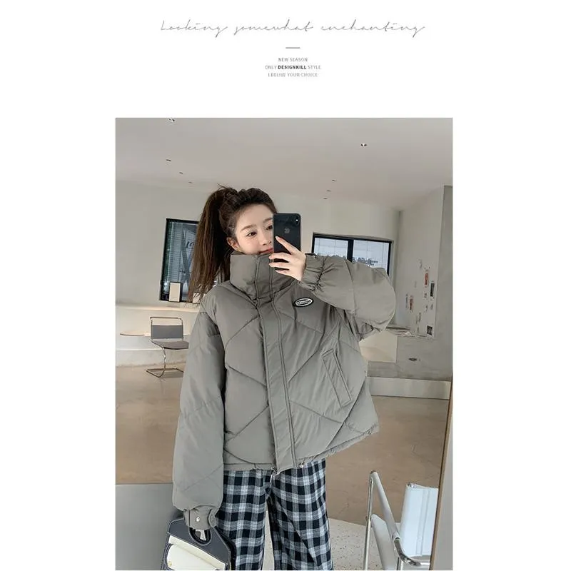 Stand-Up Collar Solid Cropped Loose Fit Puffer Jacket