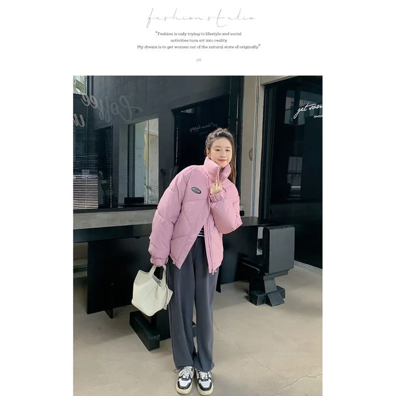Stand-Up Collar Solid Cropped Loose Fit Puffer Jacket