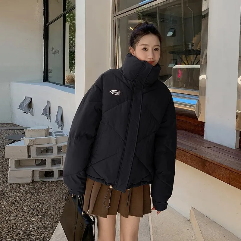 Stand-Up Collar Solid Cropped Loose Fit Puffer Jacket