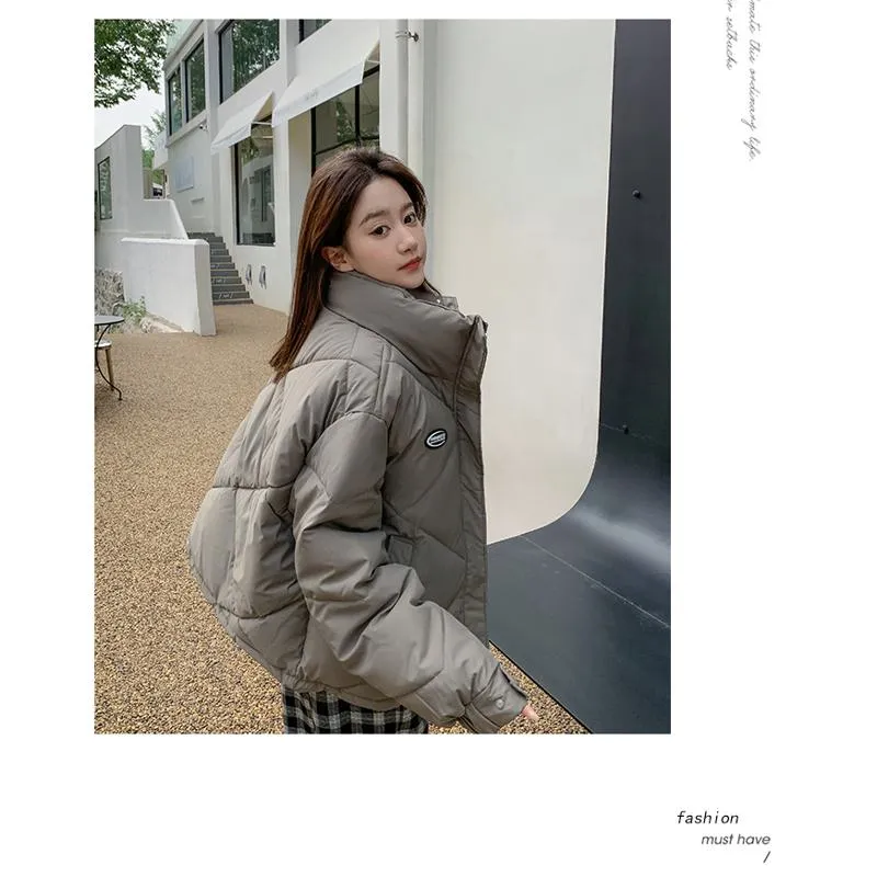 Stand-Up Collar Solid Cropped Loose Fit Puffer Jacket