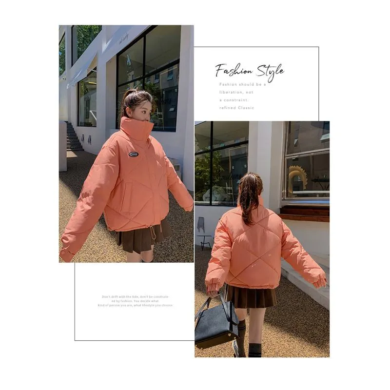 Stand-Up Collar Solid Cropped Loose Fit Puffer Jacket