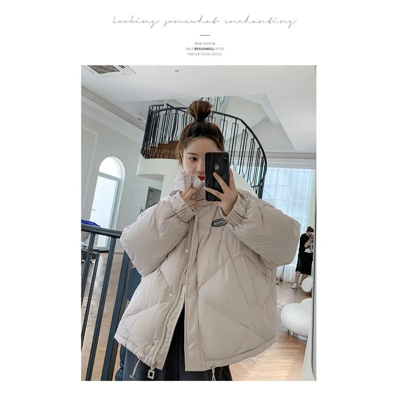 Stand-Up Collar Solid Cropped Loose Fit Puffer Jacket