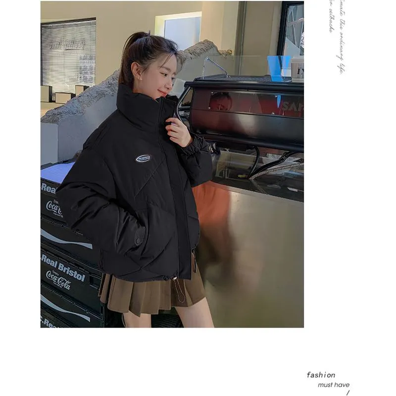 Stand-Up Collar Solid Cropped Loose Fit Puffer Jacket