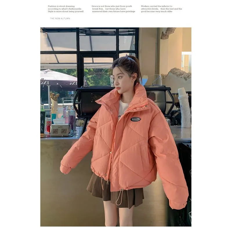 Stand-Up Collar Solid Cropped Loose Fit Puffer Jacket