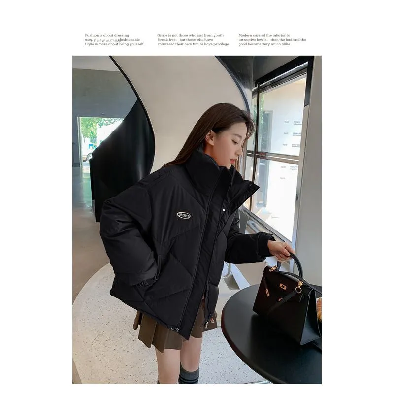 Stand-Up Collar Solid Cropped Loose Fit Puffer Jacket