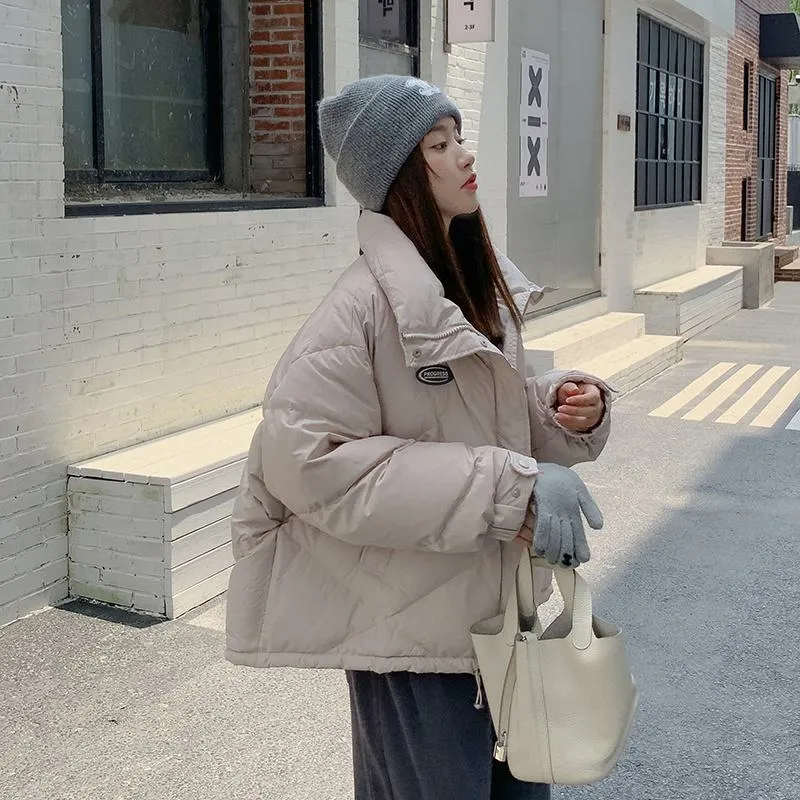 Stand-Up Collar Solid Cropped Loose Fit Puffer Jacket