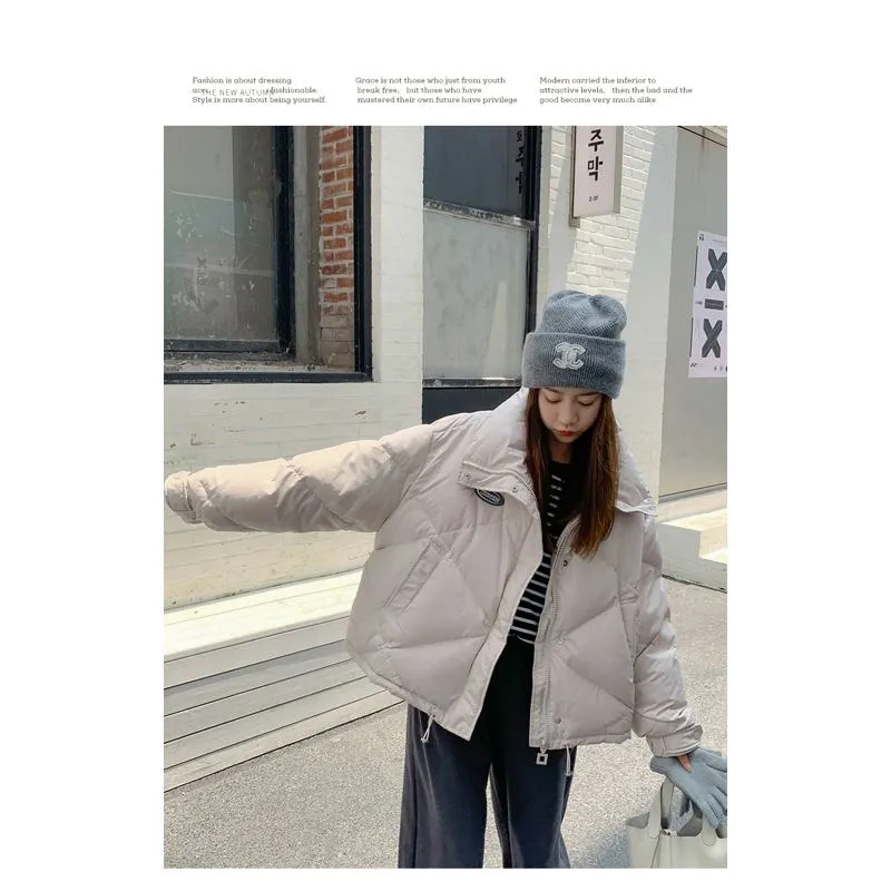 Stand-Up Collar Solid Cropped Loose Fit Puffer Jacket