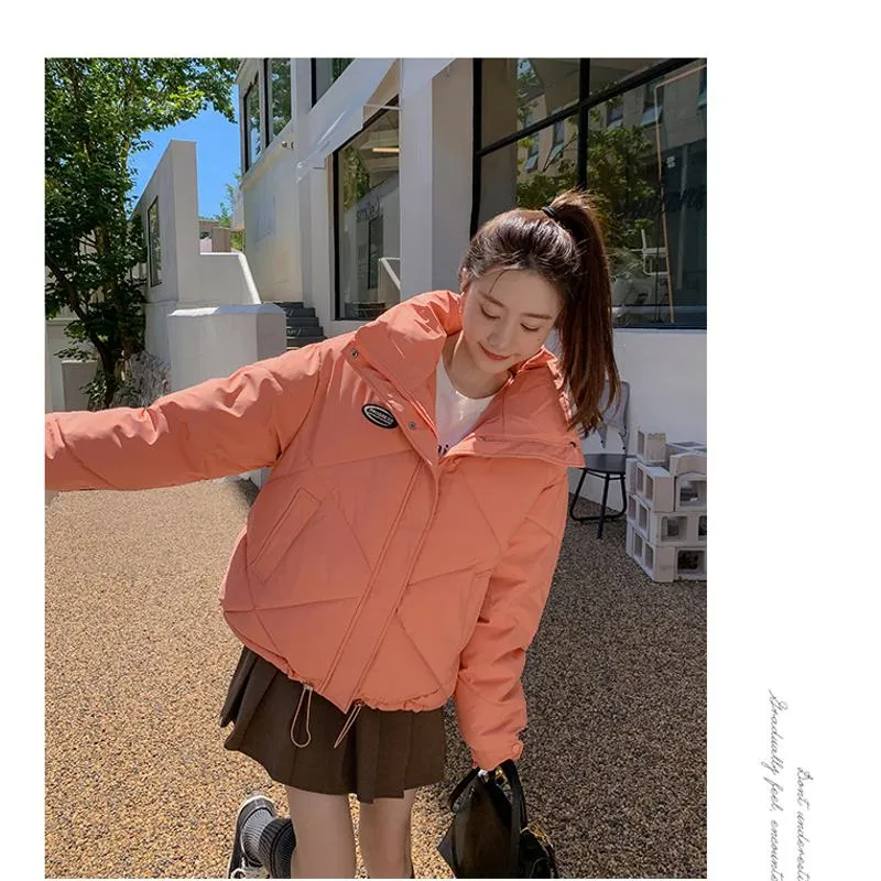 Stand-Up Collar Solid Cropped Loose Fit Puffer Jacket