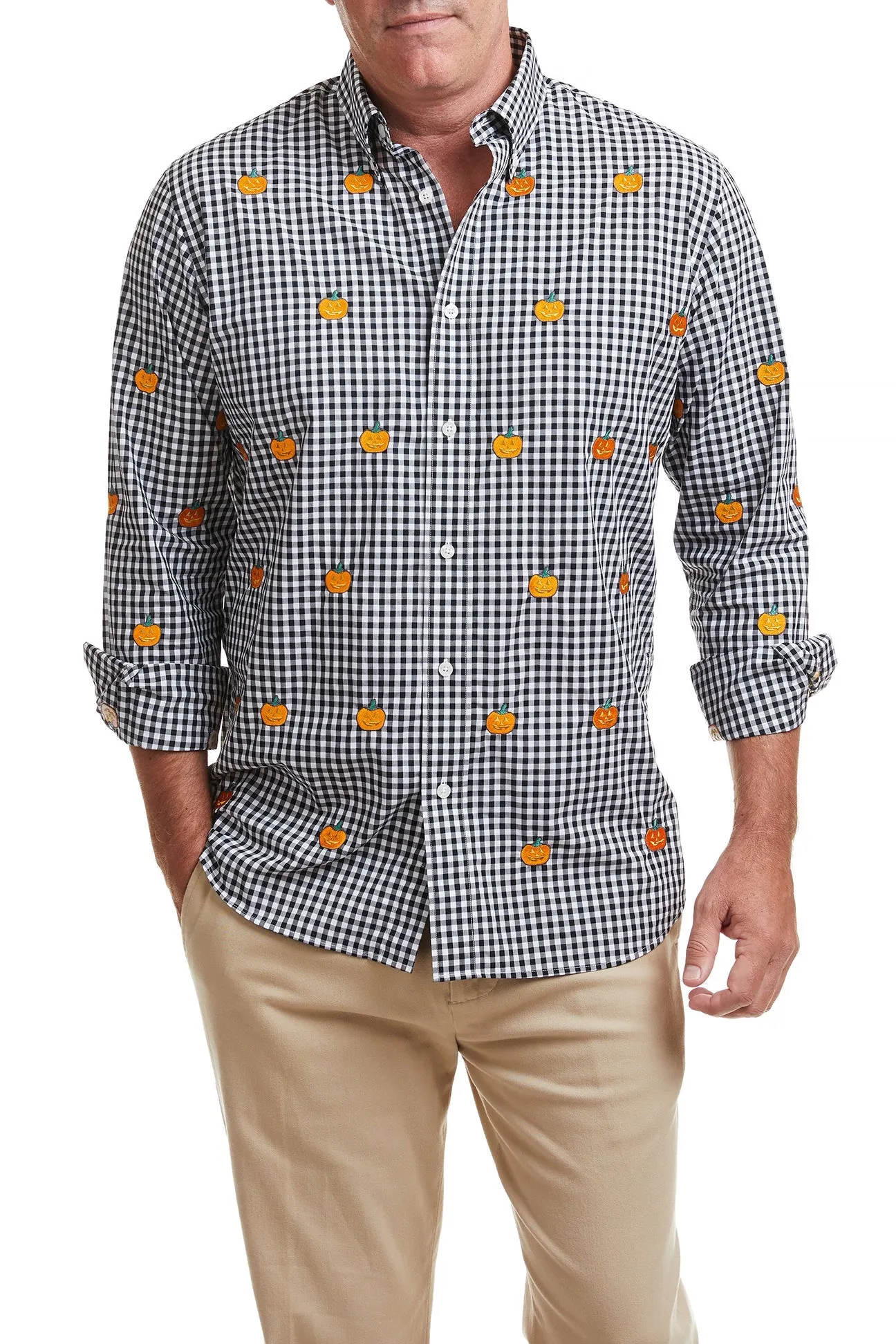 Straight Wharf Shirt Wide Gingham Black with Jack O'Lantern