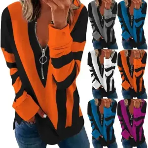 Temperament Chest Zipper V Printed Long Sleeve T-shirt