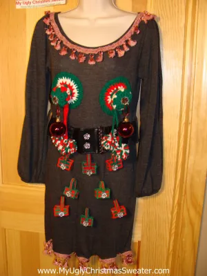 Ugly Christmas Sweater Party Tacky Dress with 3D Naughty Macrame Decorations (d64)