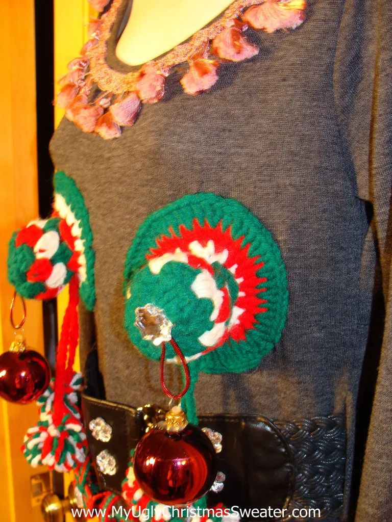 Ugly Christmas Sweater Party Tacky Dress with 3D Naughty Macrame Decorations (d64)
