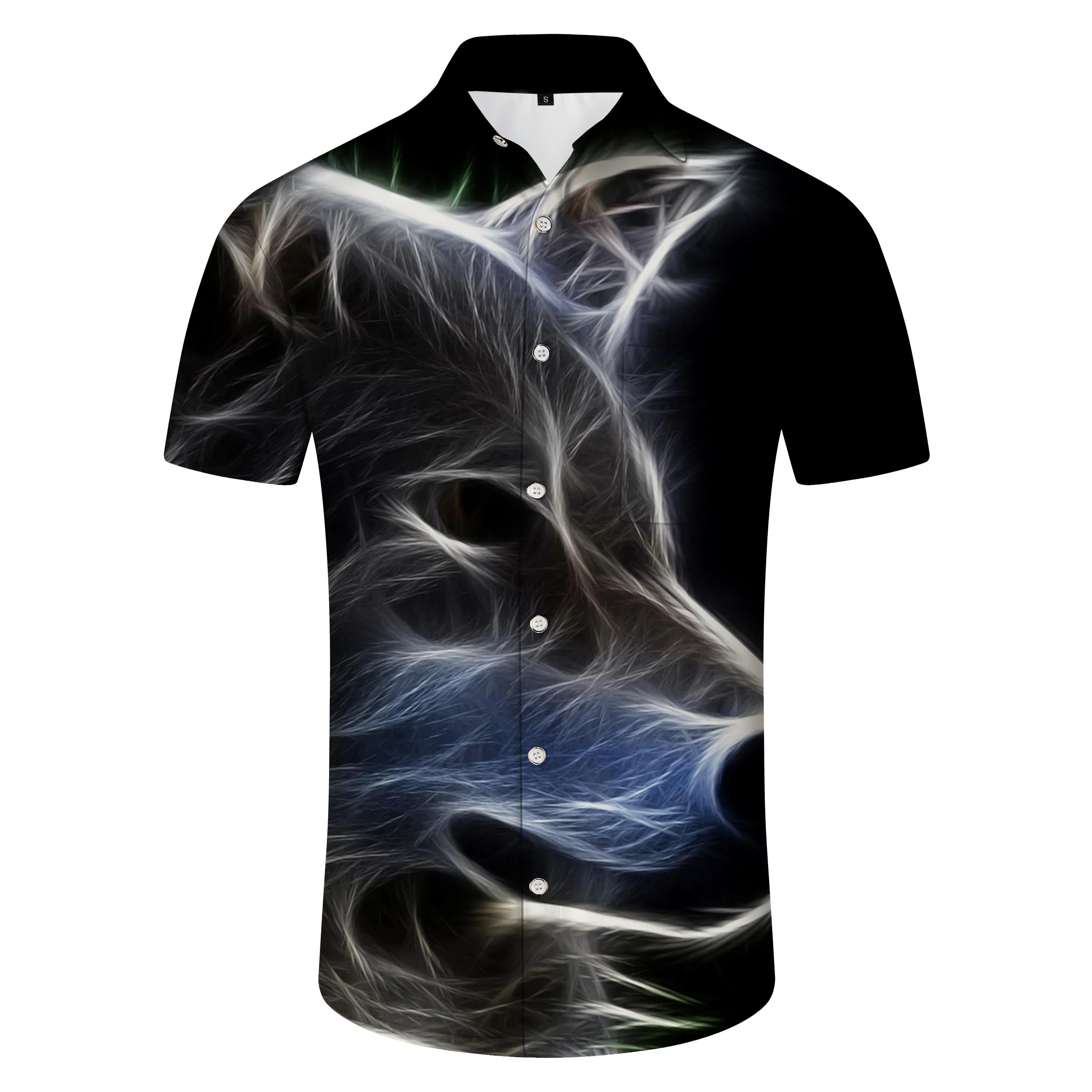 Wolf Shadow Summer Shirt Lapel Hawaiian Button Youth Beach Shirt Short Sleeve Abstract Print Wolf Head Ink Black