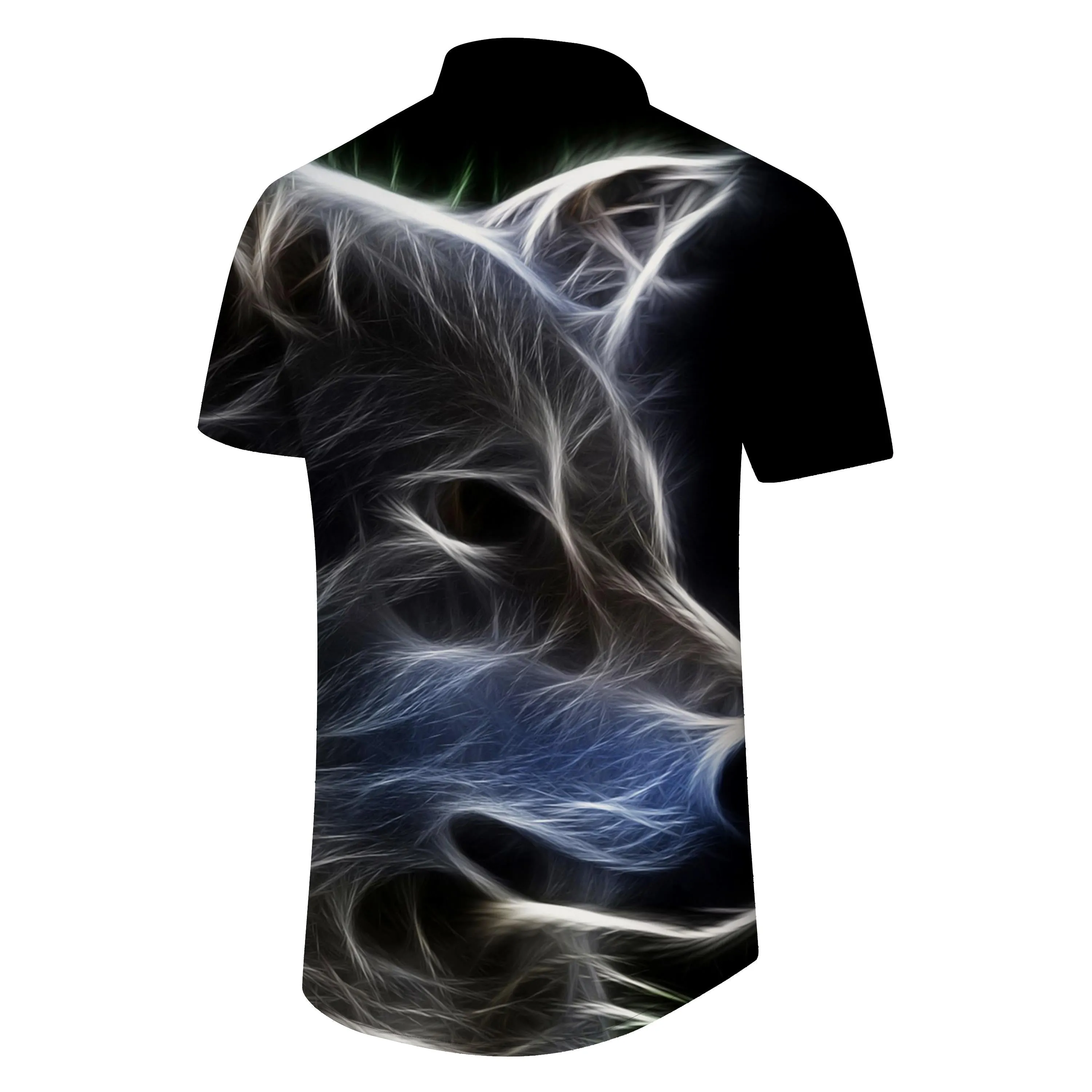 Wolf Shadow Summer Shirt Lapel Hawaiian Button Youth Beach Shirt Short Sleeve Abstract Print Wolf Head Ink Black