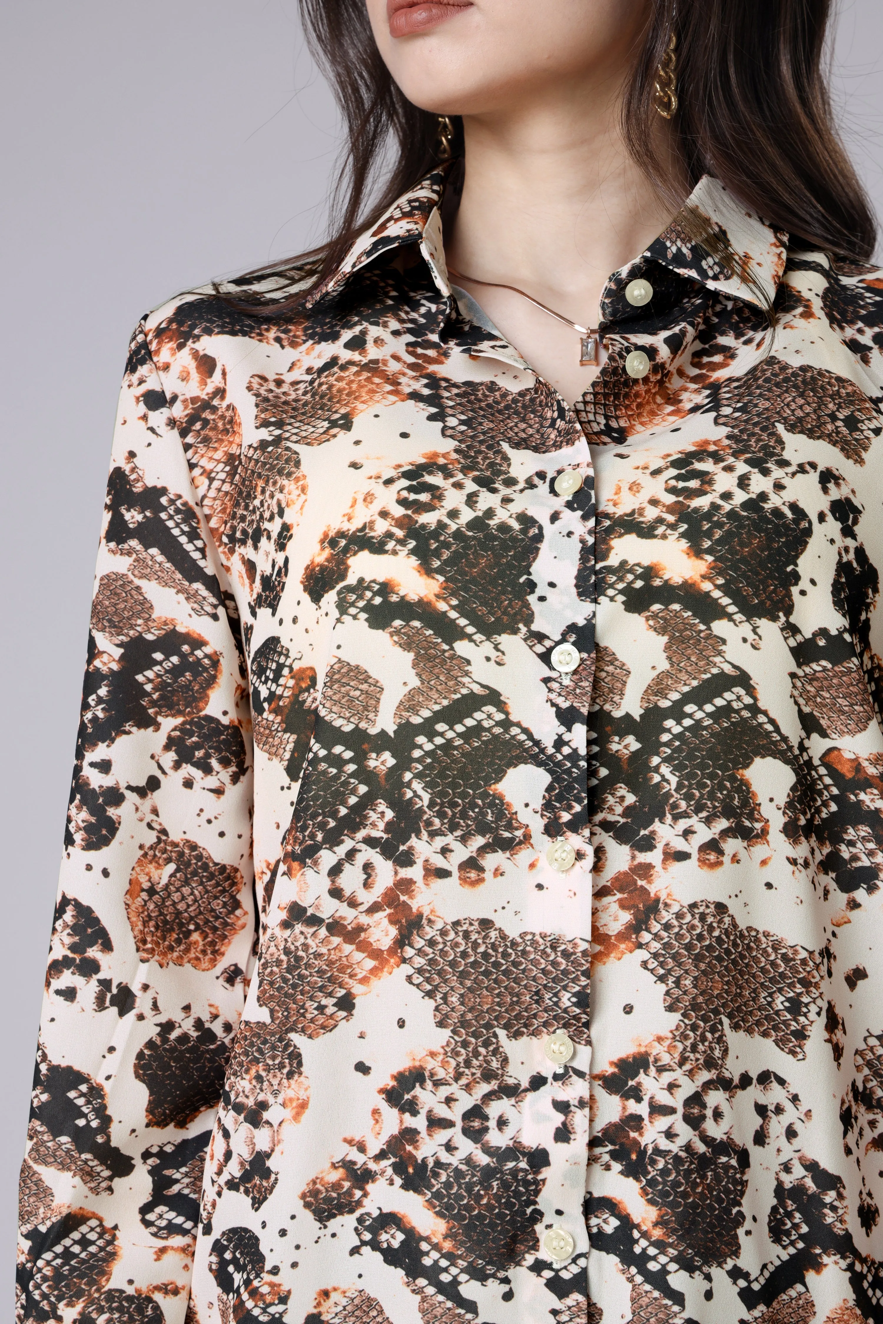 Women Brown Snake Skin Printed Casual Shirts
