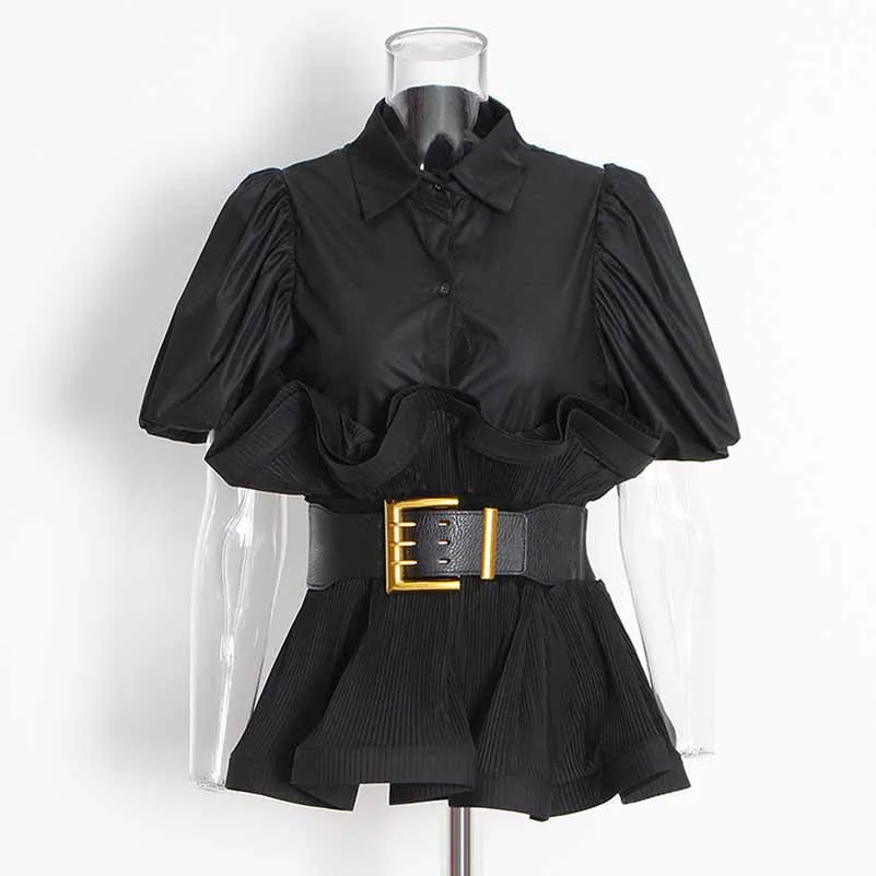 Women Bubble Sleeve Waistband Shirt Top