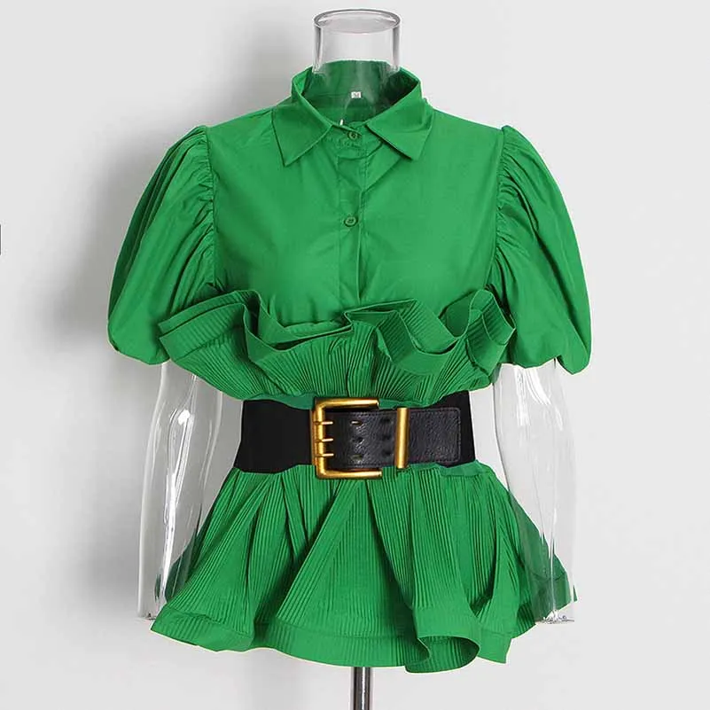 Women Bubble Sleeve Waistband Shirt Top