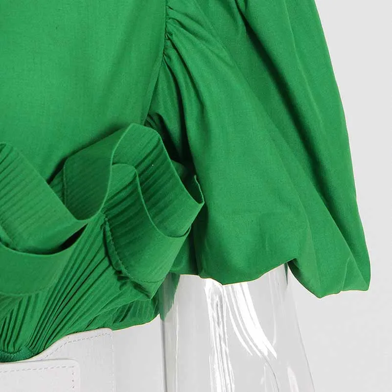 Women Bubble Sleeve Waistband Shirt Top