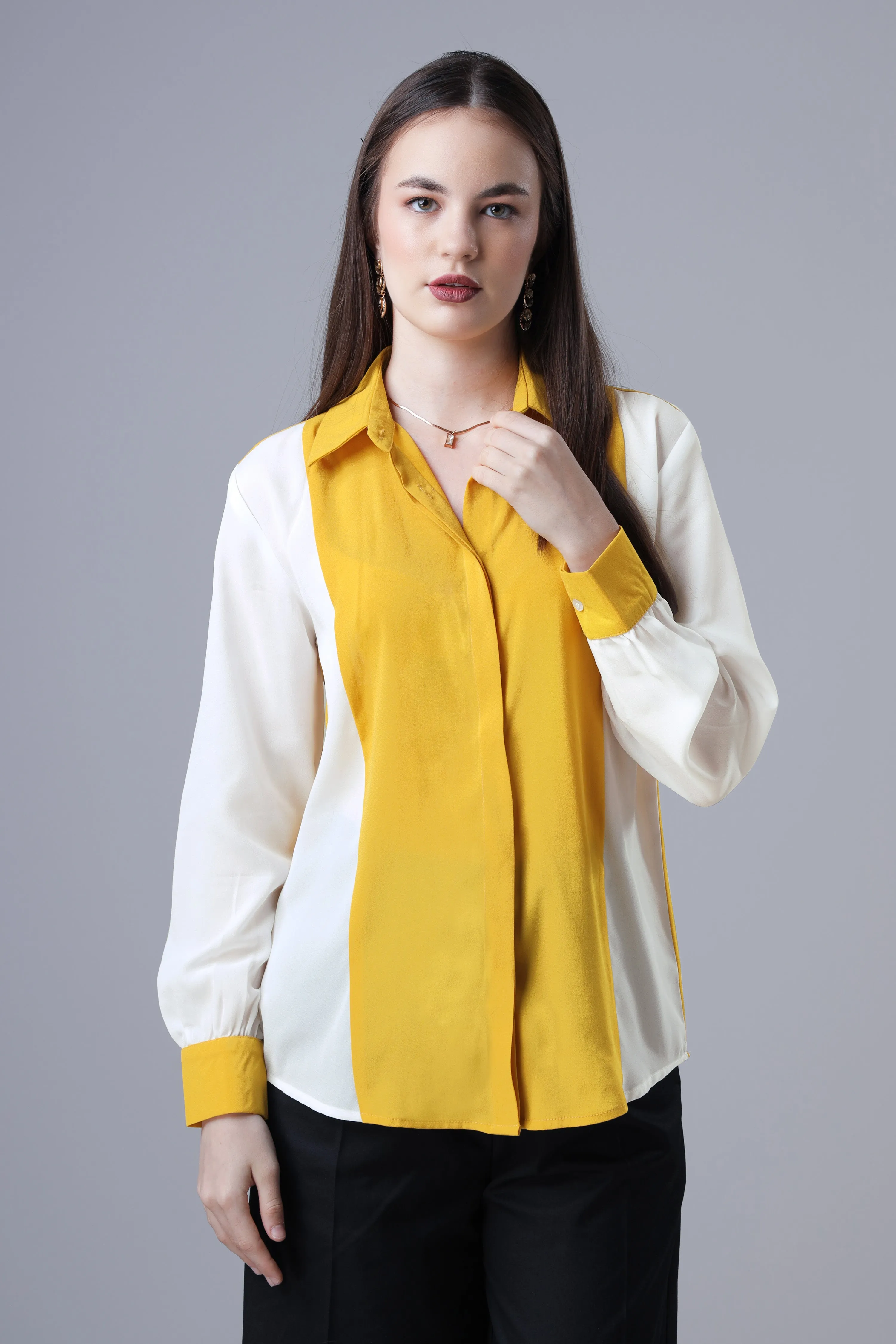 Women Yellow Colour Blocked Casual Shirt