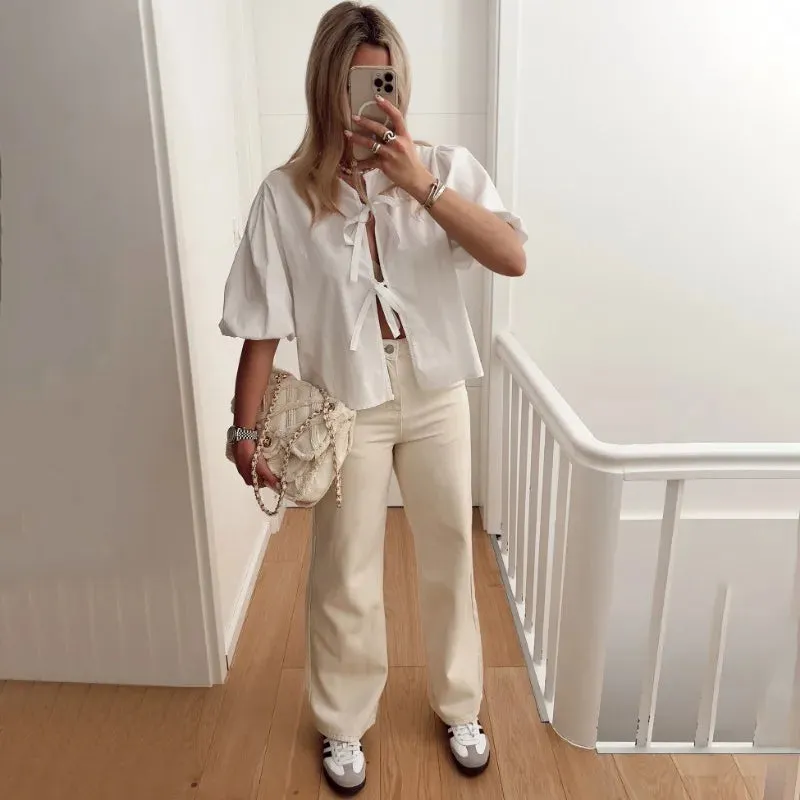 YESMYTOOL  -   White Lace-up Short Sleeve Shirt For Women Casual Loose Solid Color Patchwork Summer Blouse Female Club Party Outfits