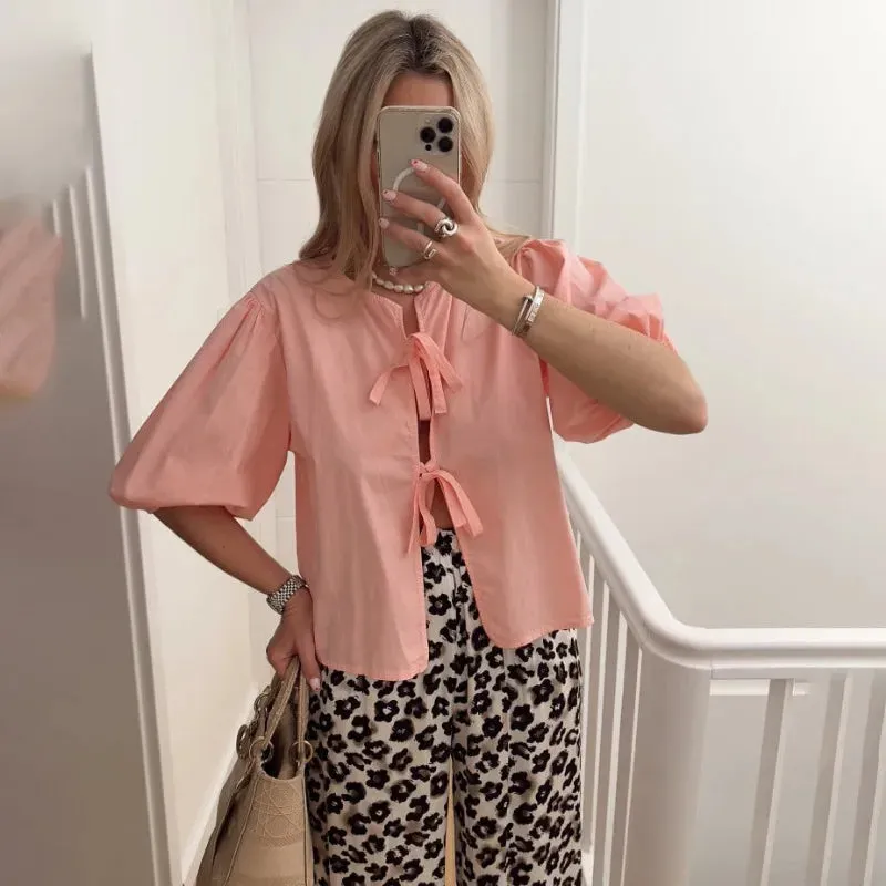 YESMYTOOL  -   White Lace-up Short Sleeve Shirt For Women Casual Loose Solid Color Patchwork Summer Blouse Female Club Party Outfits