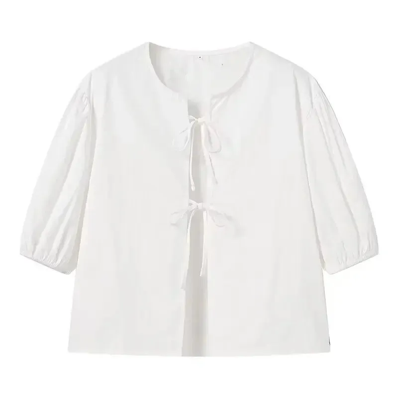 YESMYTOOL  -   White Lace-up Short Sleeve Shirt For Women Casual Loose Solid Color Patchwork Summer Blouse Female Club Party Outfits