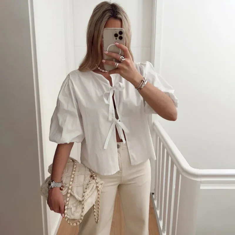 YESMYTOOL  -   White Lace-up Short Sleeve Shirt For Women Casual Loose Solid Color Patchwork Summer Blouse Female Club Party Outfits