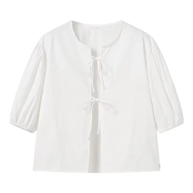 YESMYTOOL  -   White Lace-up Short Sleeve Shirt For Women Casual Loose Solid Color Patchwork Summer Blouse Female Club Party Outfits