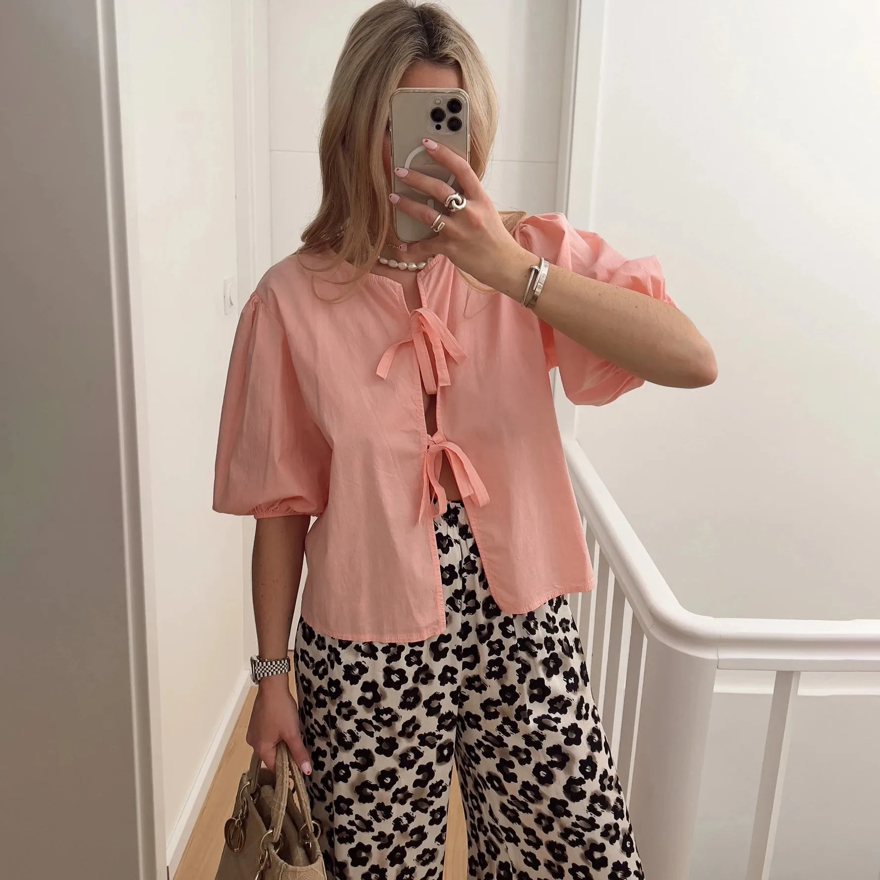 YESMYTOOL  -   White Lace-up Short Sleeve Shirt For Women Casual Loose Solid Color Patchwork Summer Blouse Female Club Party Outfits
