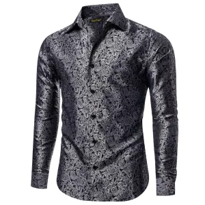 YourTies Long Sleeve Shirts Black Top Silver Jacquard Paisley Shirt